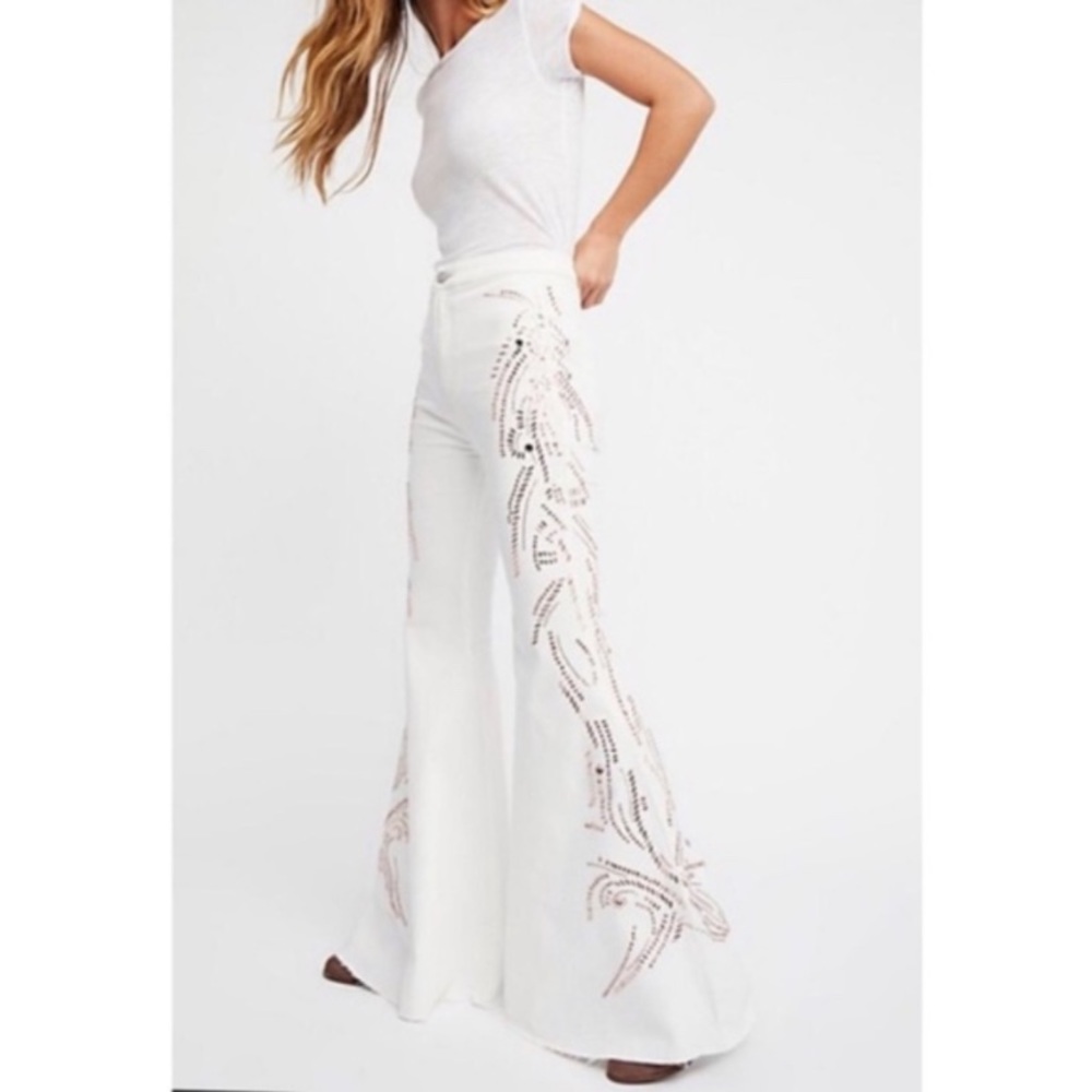 Free People White Flare Jeans with Sequin Side Detail